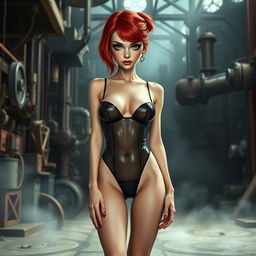 A thin girl with round, enhanced breasts and piercings, featuring striking red hair, positioned at the center of the image in a full body view