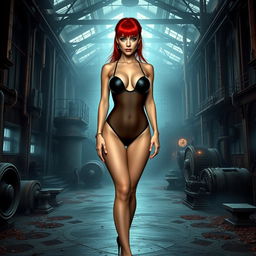 A thin girl with round, enhanced breasts and piercings, featuring striking red hair, positioned at the center of the image in a full body view