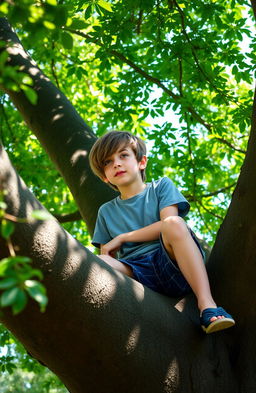 A 14-year-old boy with a medium brown haircut that partially covers the left side of his face, showcasing his vibrant blue eyes, sitting on a large sturdy tree branch