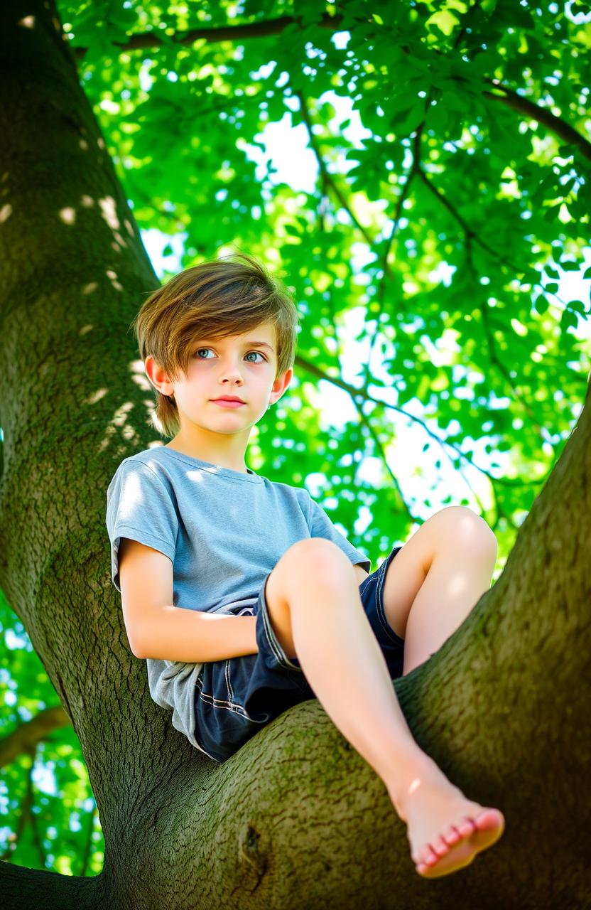 A 14-year-old boy with a medium brown haircut that partially covers the left side of his face, showcasing his vibrant blue eyes, sitting on a large sturdy tree branch