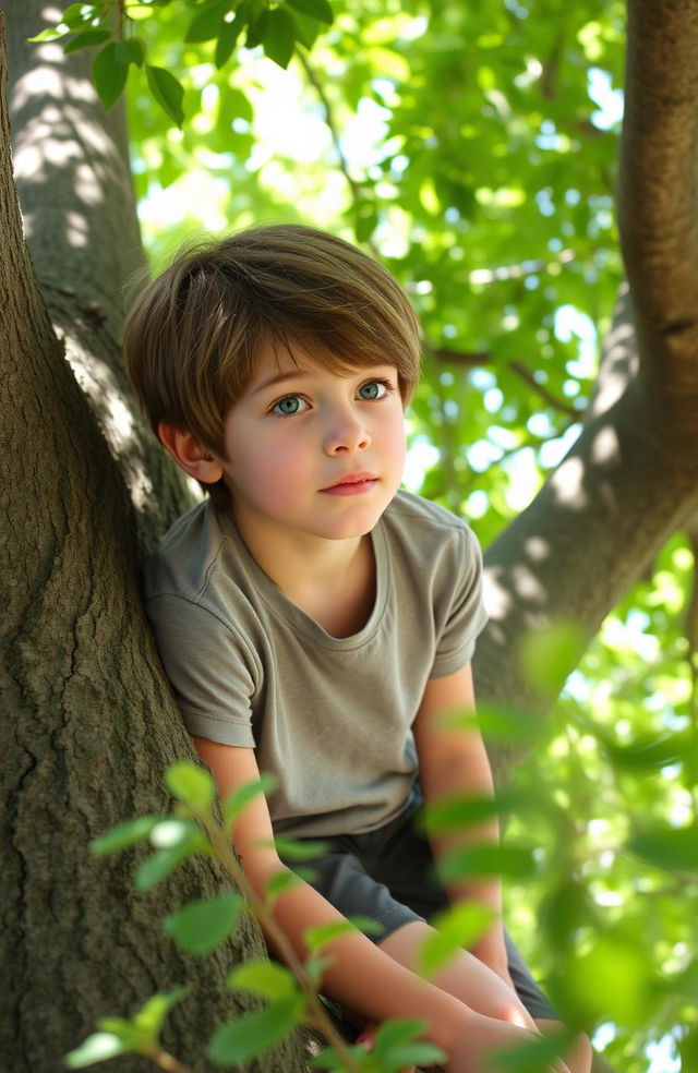 A 14-year-old boy with a medium brown haircut that partially covers the left side of his face, showcasing his vibrant blue eyes, sitting on a large sturdy tree branch