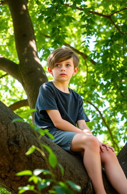 A 14-year-old boy with a medium brown haircut that partially covers the left side of his face, showcasing his vibrant blue eyes, sitting on a large sturdy tree branch