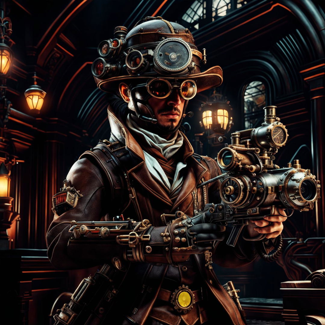 An intense, high-quality digital art image depicting a first-person shooter gameplay scene inspired by Call of Duty, with a unique steampunk twist, showcasing the high-resolution graphics capability of a PlayStation 5