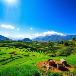 A stunning agricultural landscape in Nepal, showcasing lush green fields and terraced rice paddies under a bright blue sky