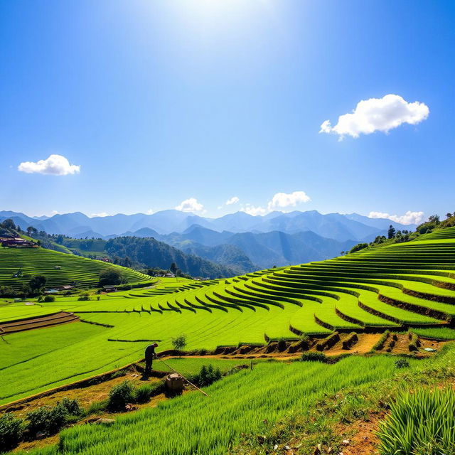 A stunning agricultural landscape in Nepal, showcasing lush green fields and terraced rice paddies under a bright blue sky