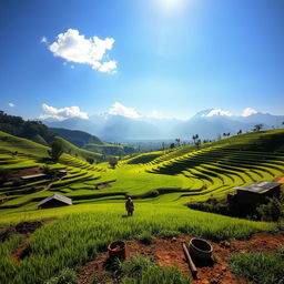 A stunning agricultural landscape in Nepal, showcasing lush green fields and terraced rice paddies under a bright blue sky