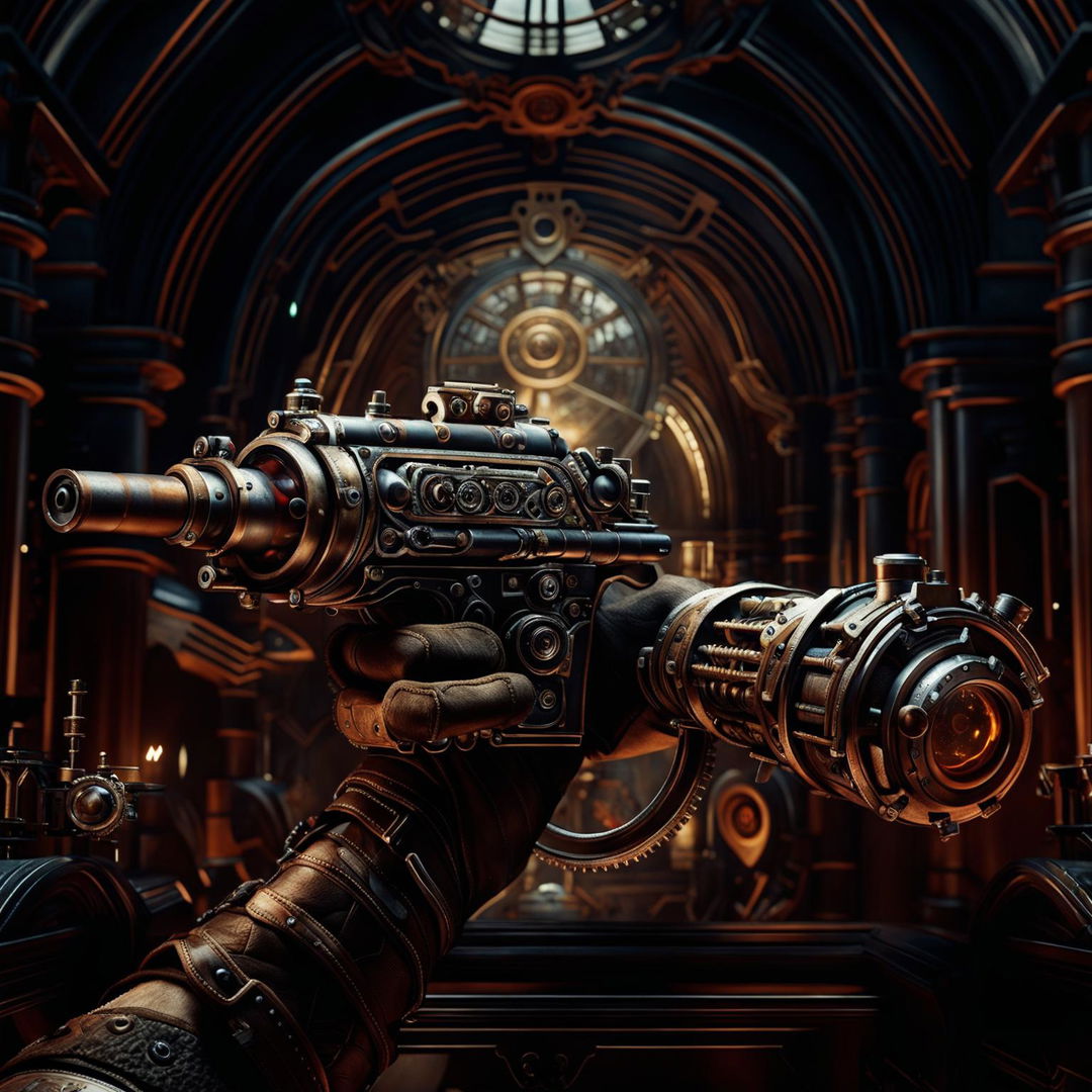 A high-quality digital art image depicting a first-person shooter gameplay scene, inspired by Call of Duty but with a steampunk twist, now viewed from a helmet cam perspective, showcasing the high-resolution graphics of a PlayStation 5