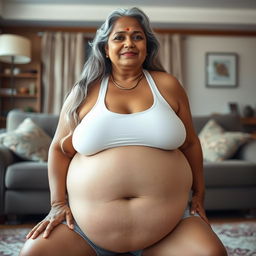 A mature, very large, and gigantic Indian housewife, 55 years old, with long, grey hair