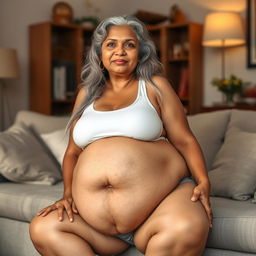 A mature, very large, and gigantic Indian housewife, 55 years old, with long, grey hair