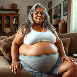 A mature, very large, and gigantic Indian housewife, 55 years old, with long, grey hair