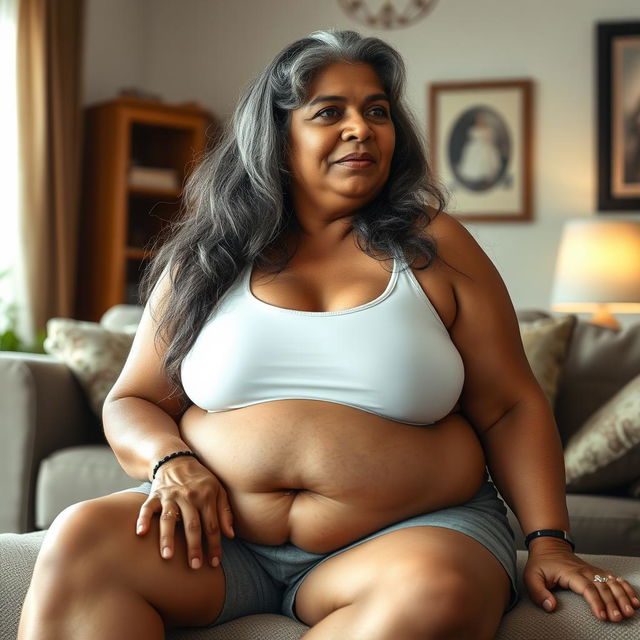 A mature, very large, and gigantic Indian housewife, 55 years old, with long, grey hair