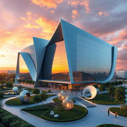 A stunning architectural visualization featuring a futuristic building designed by ARSITEC