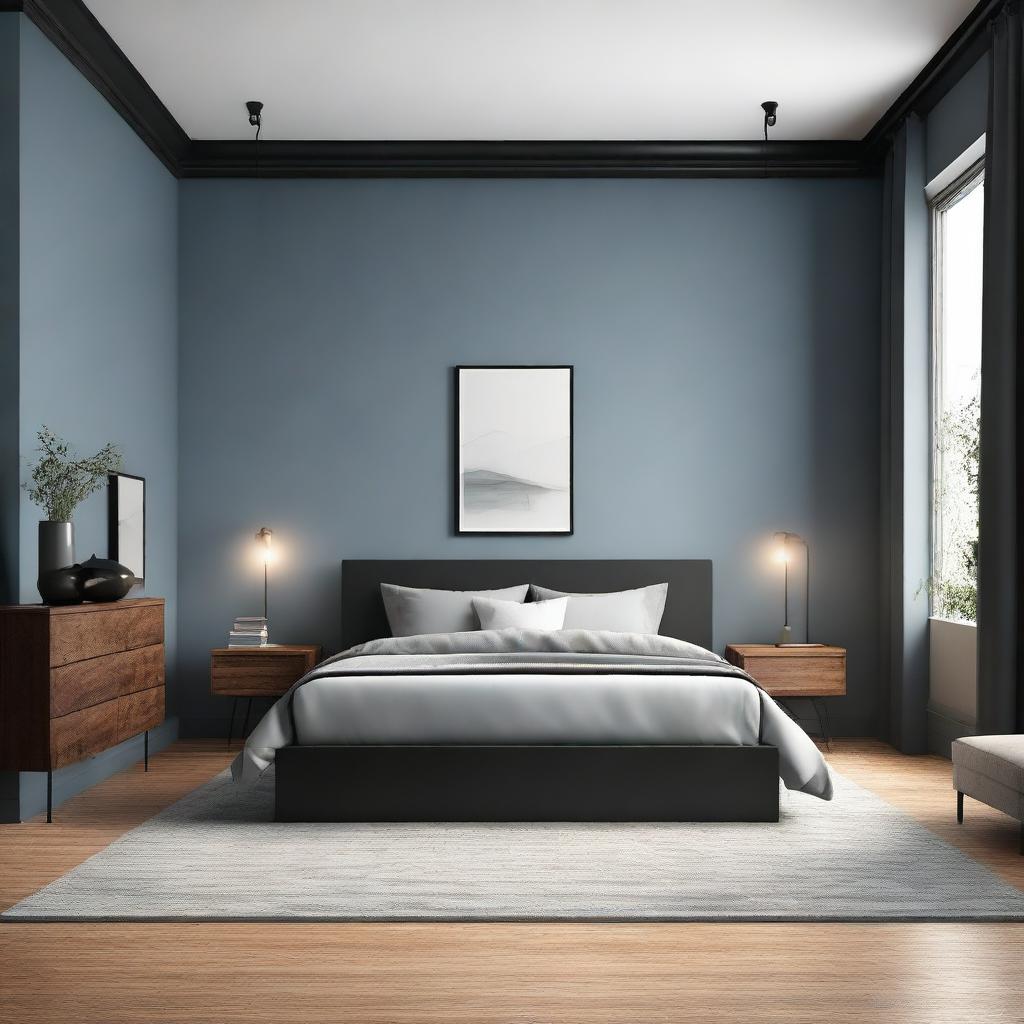 A digital art image of a modern minimalist bedroom with gray-blue walls, brown parquet flooring, black baseboards, and track systems