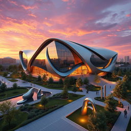 A stunning architectural visualization featuring a futuristic building designed by ARSITEC