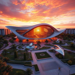 A stunning architectural visualization featuring a futuristic building designed by ARSITEC