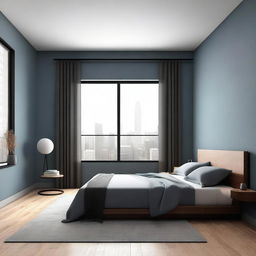 A digital art image of a modern minimalist bedroom with gray-blue walls, brown parquet flooring, black baseboards, and track systems