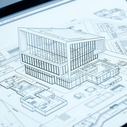 An intricate architectural design in AutoCAD, showcasing a modern building with sleek lines and glass facades
