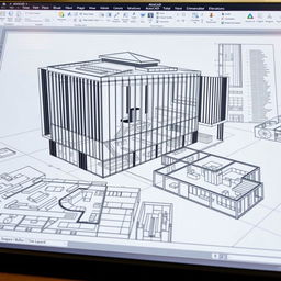 An intricate architectural design in AutoCAD, showcasing a modern building with sleek lines and glass facades