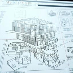 An intricate architectural design in AutoCAD, showcasing a modern building with sleek lines and glass facades