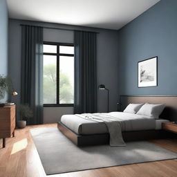 A digital art image of a modern minimalist bedroom with gray-blue walls, brown parquet flooring, black baseboards, and track systems