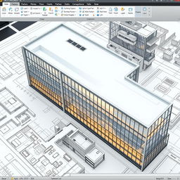 An intricate architectural design in AutoCAD, showcasing a modern building with sleek lines and glass facades