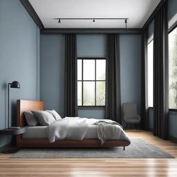 A digital art image of a modern minimalist bedroom with gray-blue walls, brown parquet flooring, black baseboards, and track systems