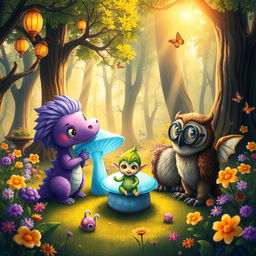 A whimsical fantasy scene depicting a group of imaginative creatures having a lively conversation