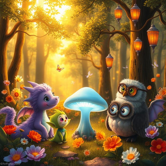 A whimsical fantasy scene depicting a group of imaginative creatures having a lively conversation