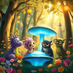A whimsical fantasy scene depicting a group of imaginative creatures having a lively conversation