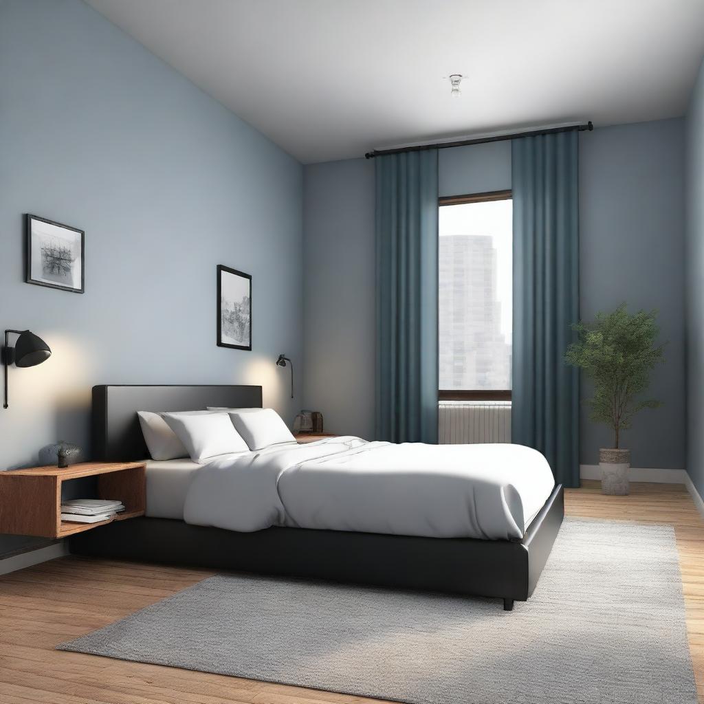 A digital art depiction of a modern minimalist bedroom with light gray-blue walls, brown parquet, black baseboards, and track lighting