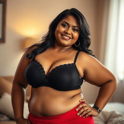 A plus-size Indian mature woman confidently wearing a black bra and red panties, showcasing her curves beautifully
