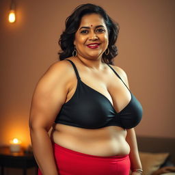 A plus-size Indian mature woman confidently wearing a black bra and red panties, showcasing her curves beautifully