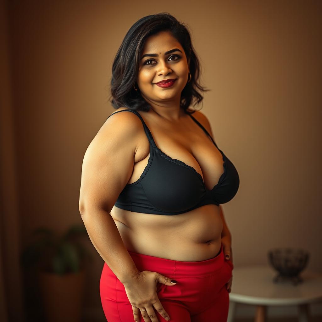 A plus-size Indian mature woman confidently wearing a black bra and red panties, showcasing her curves beautifully