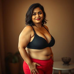 A plus-size Indian mature woman confidently wearing a black bra and red panties, showcasing her curves beautifully