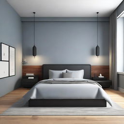 A digital art depiction of a modern minimalist bedroom with light gray-blue walls, brown parquet, black baseboards, and track lighting