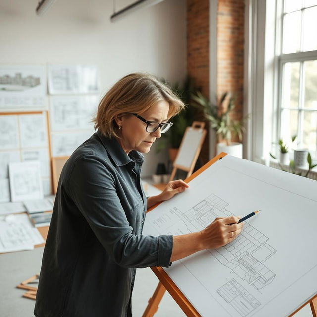 An architect diligently sketching a modern building design on a large drawing board in a bright, airy studio