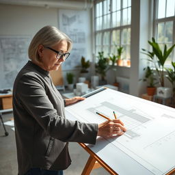 An architect diligently sketching a modern building design on a large drawing board in a bright, airy studio