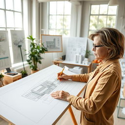 An architect diligently sketching a modern building design on a large drawing board in a bright, airy studio
