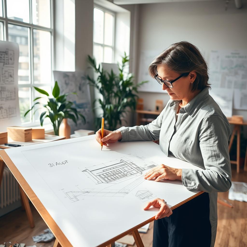 An architect diligently sketching a modern building design on a large drawing board in a bright, airy studio