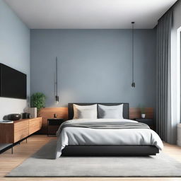 A digital art depiction of a modern minimalist bedroom with light gray-blue walls, brown parquet, black baseboards, and track lighting