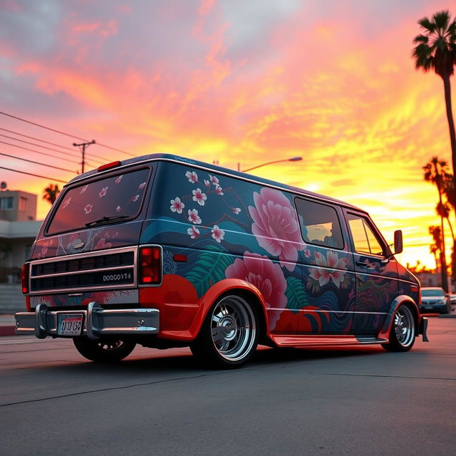 A customized 1994 Dodge van shorty B150 displaying a fusion of Chicano and Japanese artistic influences