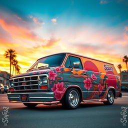A customized 1994 Dodge van shorty B150 displaying a fusion of Chicano and Japanese artistic influences