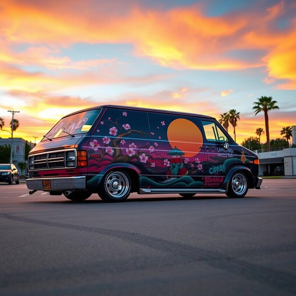 A customized 1994 Dodge van shorty B150 displaying a fusion of Chicano and Japanese artistic influences