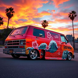 A customized 1994 Dodge van shorty B150 displaying a fusion of Chicano and Japanese artistic influences