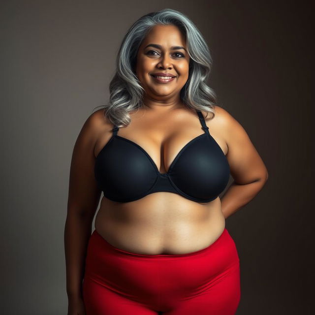 A plus-size Indian mature woman with silver-grey hair, wearing a black bra and red panties