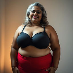 A plus-size Indian mature woman with silver-grey hair, wearing a black bra and red panties