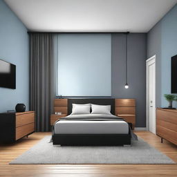 A digital art depiction of a modern minimalist bedroom with light gray-blue walls, brown parquet, black baseboards, and track lighting