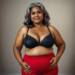 A plus-size Indian mature woman with silver-grey hair, wearing a black bra and red panties