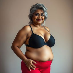 A plus-size Indian mature woman with silver-grey hair, wearing a black bra and red panties