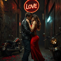 A dramatic scene depicting the duality of love and crime